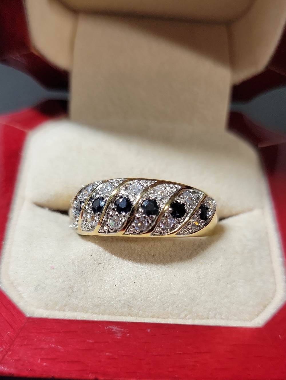 Gold Tone Ring with Dark Blue and White Stones - Elegant Women’s Jewelry